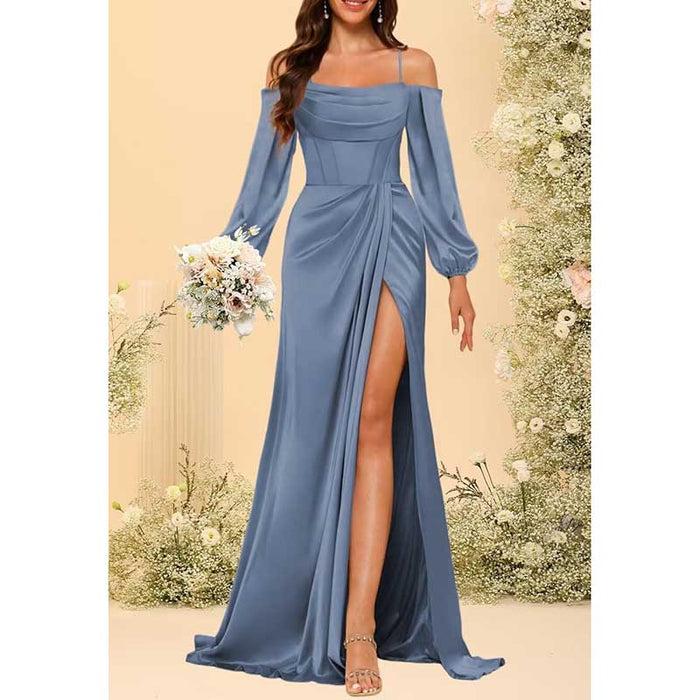 Satin Bridesmaid Dresses Long Sleeve Formal Gowns High-Split Prom Dresses