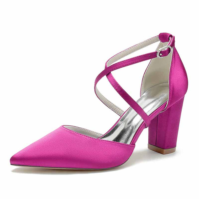 Satin Cross Strap Chunky Heel Classics Wedding Shoes