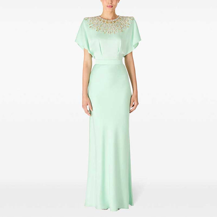 Satin Embellished Cape Detail Maxi Dress Evening Gown