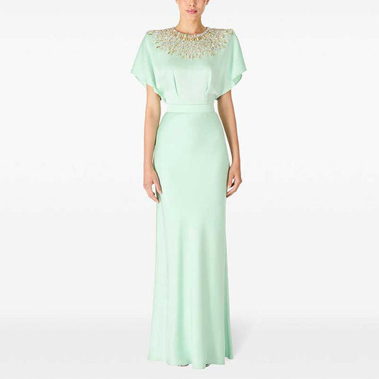 Satin Embellished Cape Detail Maxi Dress Evening Gown