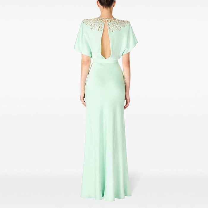 Satin Embellished Cape Detail Maxi Dress Evening Gown