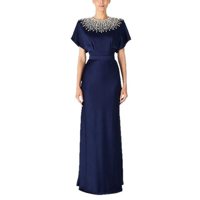 Satin Embellished Cape Detail Maxi Dress Evening Gown