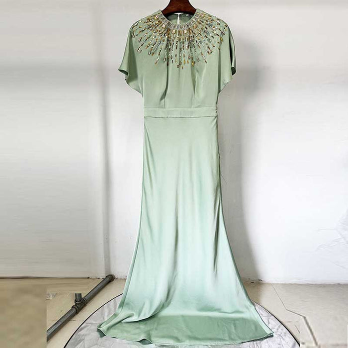 Satin Embellished Cape Detail Maxi Dress Evening Gown
