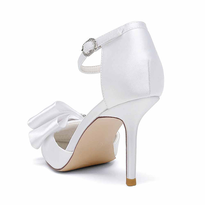 Satin Heels Ankle Strap Pumps With Beaded Closed Toe Event Shoes