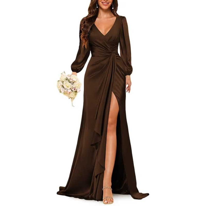 Satin Long Bridesmaid Dresses Long Sleeve Formal Gowns Evening Dresses