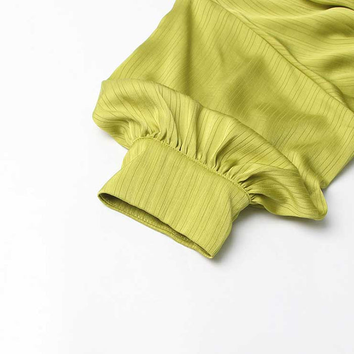 Satin Long Puffy Sleeve Lemon Green Dress with Belt Trendy Event Dress