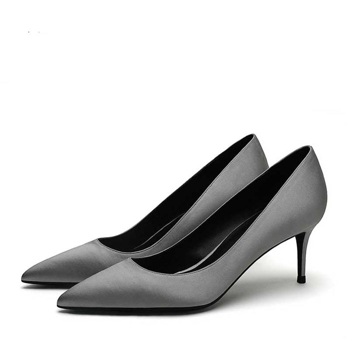 Elegant satin low heel party shoes in navy blue for stylish dress occasions