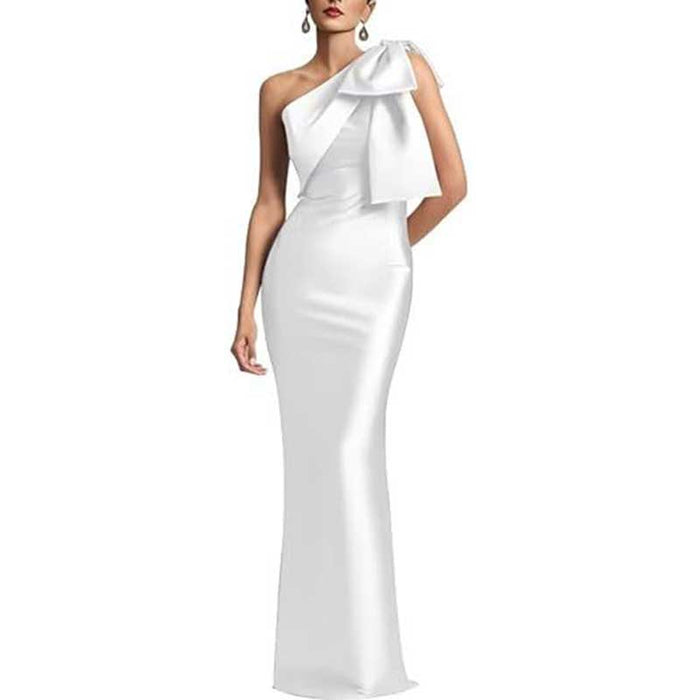 Satin Mermaid Wedding Ball Gown Bow Detail Single Shoulder Prom Dress