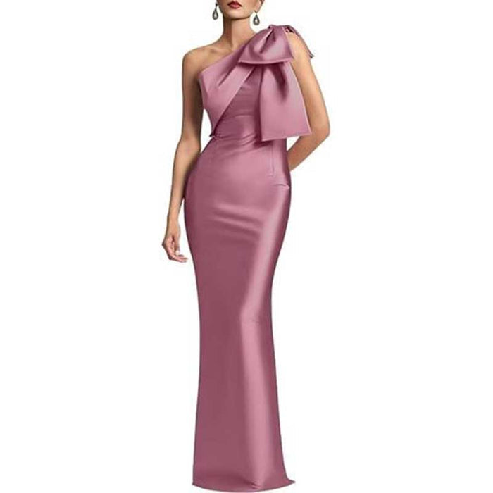Satin Mermaid Wedding Ball Gown Bow Detail Single Shoulder Prom Dress