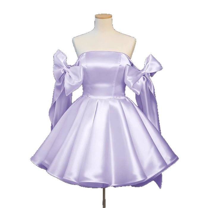 Satin Mini Homecoming Dress with Shoulder Bows | Off-Shoulder Party Dress | Cute Princess Style Cocktail Gown
