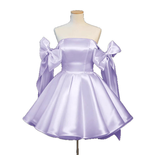 Satin Mini Homecoming Dress with Shoulder Bows | Off-Shoulder Party Dress | Cute Princess Style Cocktail Gown
