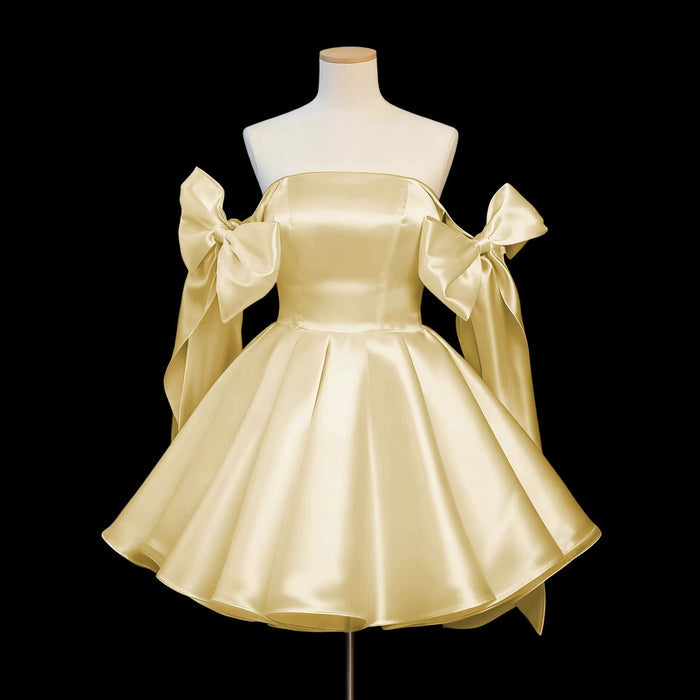 Satin Mini Homecoming Dress with Shoulder Bows | Off-Shoulder Party Dress | Cute Princess Style Cocktail Gown