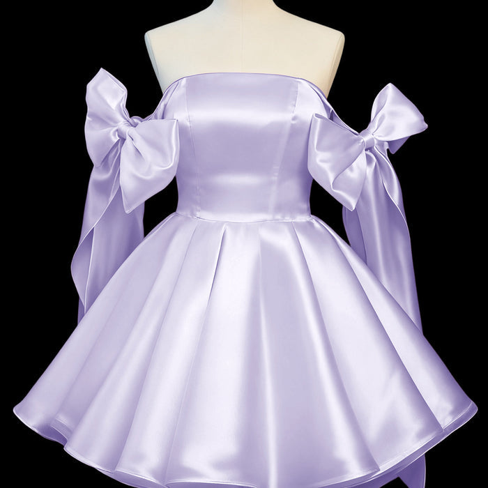 Satin Mini Homecoming Dress with Shoulder Bows | Off-Shoulder Party Dress | Cute Princess Style Cocktail Gown