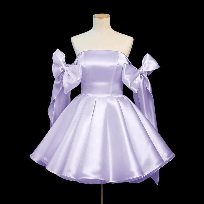 Satin Mini Homecoming Dress with Shoulder Bows | Off-Shoulder Party Dress | Cute Princess Style Cocktail Gown