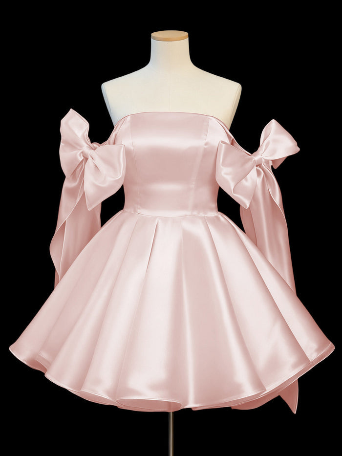 Satin Mini Homecoming Dress with Shoulder Bows | Off-Shoulder Party Dress | Cute Princess Style Cocktail Gown