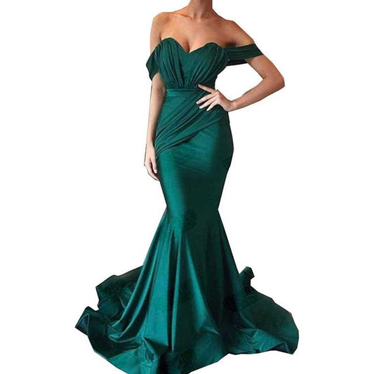 Satin Off The Shoulder Mermaid Long Evening Dress Wedding Ball Gown Dresses