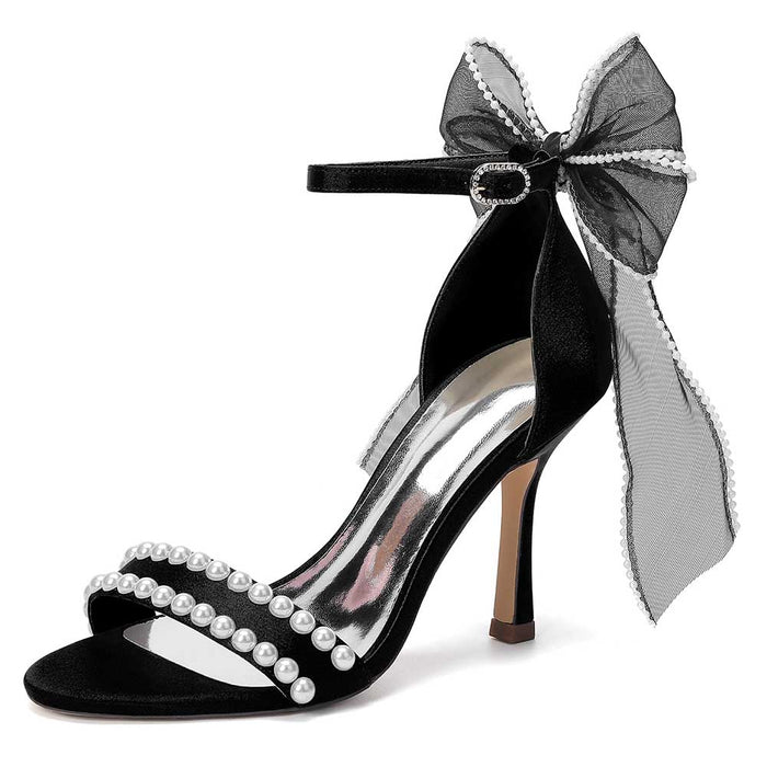 Satin Pearls Ankle Strap High Heels Bridal Shoes for Wedding Open Toe Formal Evening Dress Sandals