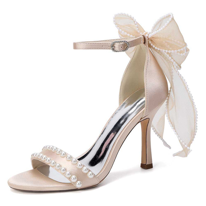 Satin Pearls Ankle Strap High Heels Bridal Shoes for Wedding Open Toe Formal Evening Dress Sandals