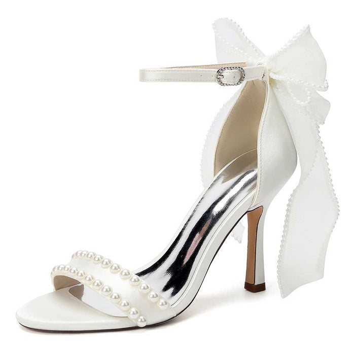 Satin Pearls Ankle Strap High Heels Bridal Shoes for Wedding Open Toe Formal Evening Dress Sandals