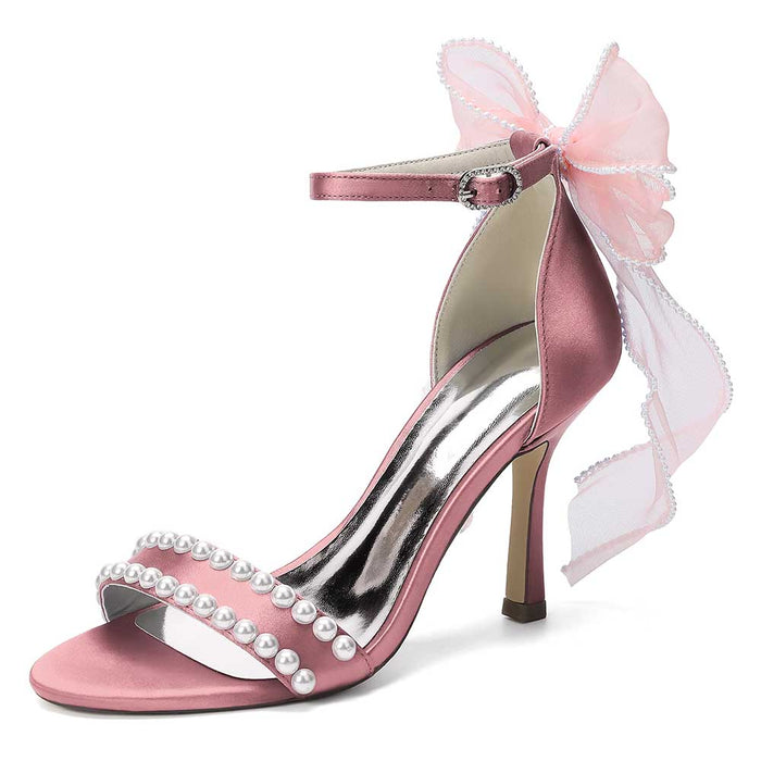 Satin Pearls Ankle Strap High Heels Bridal Shoes for Wedding Open Toe Formal Evening Dress Sandals