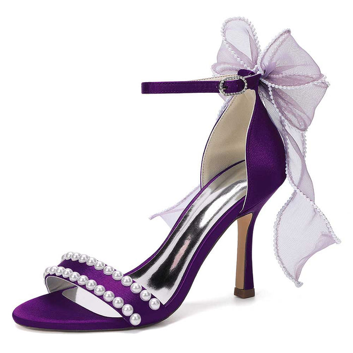 Satin Pearls Ankle Strap High Heels Bridal Shoes for Wedding Open Toe Formal Evening Dress Sandals