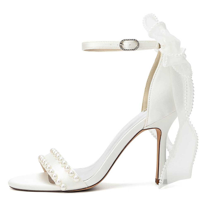 Satin Pearls Ankle Strap High Heels Bridal Shoes for Wedding Open Toe Formal Evening Dress Sandals