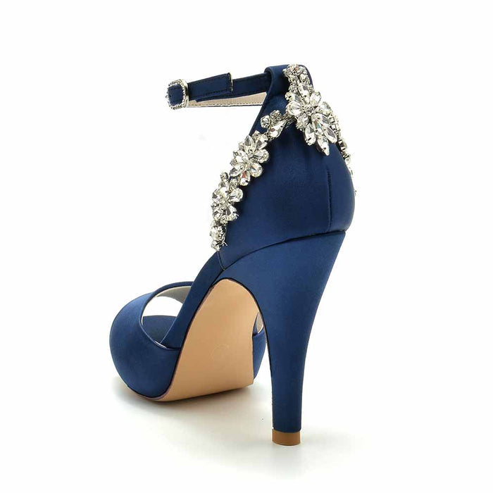 Navy S&DCo. satin peep toe wedding shoes with embellished ankle strap for elegant style