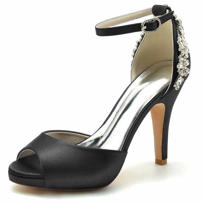 Elegant black satin peep toe wedding shoes with an ankle strap and decorative embellishments
