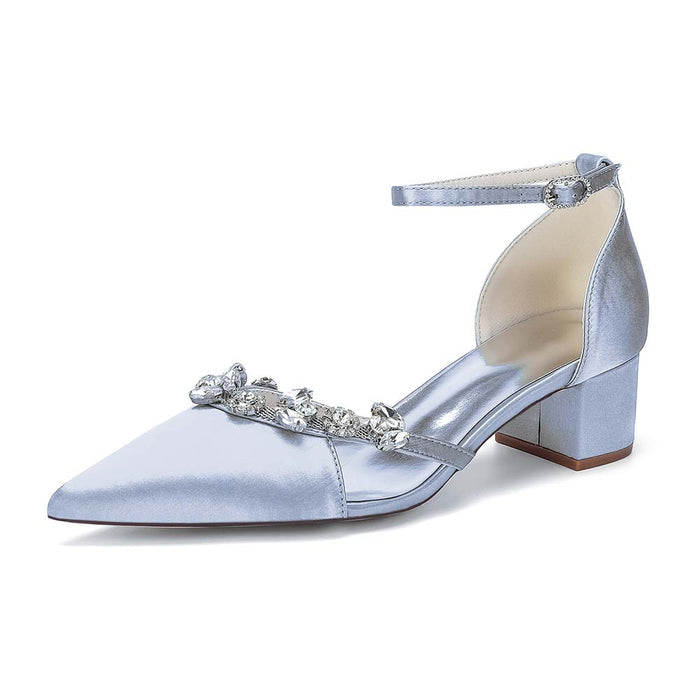 Satin Pointed Toe Chunky Heel Ankle Strap Shoes with Crystals – Perfect for Weddings & Special Occasions