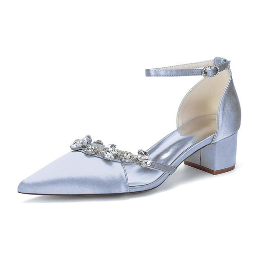 Satin Pointed Toe Chunky Heel Ankle Strap Shoes with Crystals – Perfect for Weddings & Special Occasions