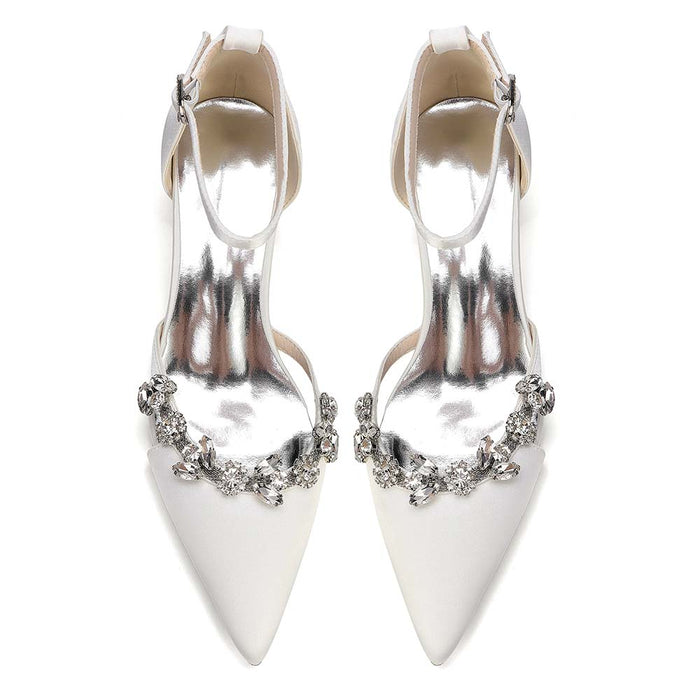 Satin Pointed Toe Chunky Heel Ankle Strap Shoes with Crystals – Perfect for Weddings & Special Occasions