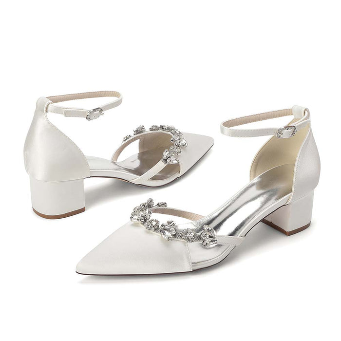 Satin Pointed Toe Chunky Heel Ankle Strap Shoes with Crystals – Perfect for Weddings & Special Occasions