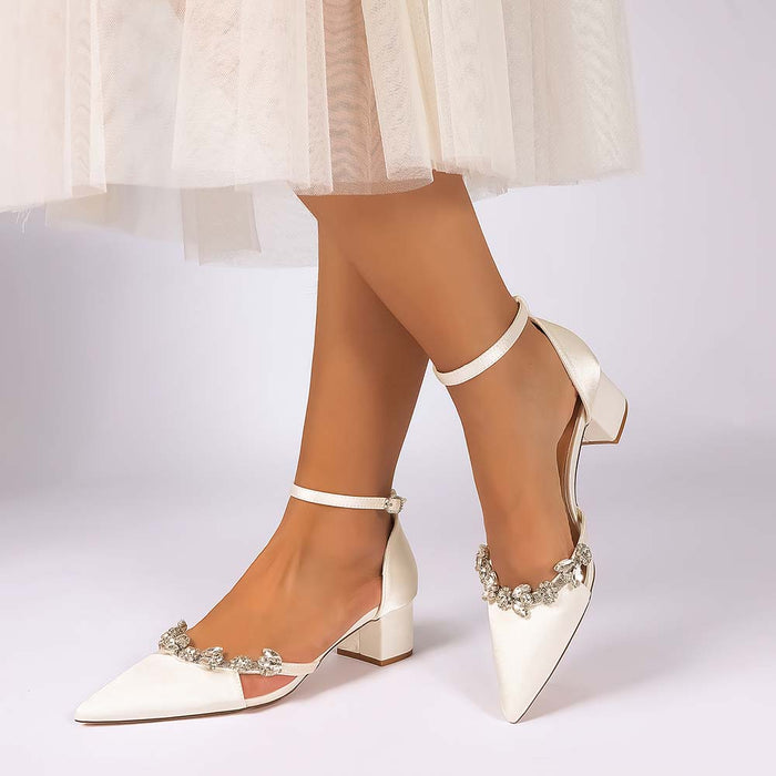 Satin Pointed Toe Chunky Heel Ankle Strap Shoes with Crystals – Perfect for Weddings & Special Occasions