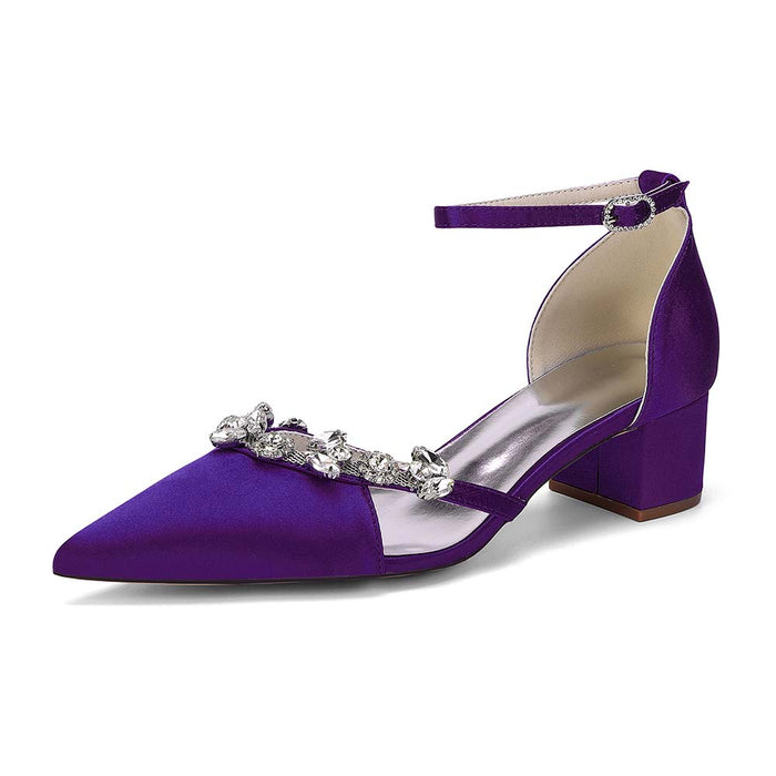 Satin Pointed Toe Chunky Heel Ankle Strap Shoes with Crystals – Perfect for Weddings & Special Occasions