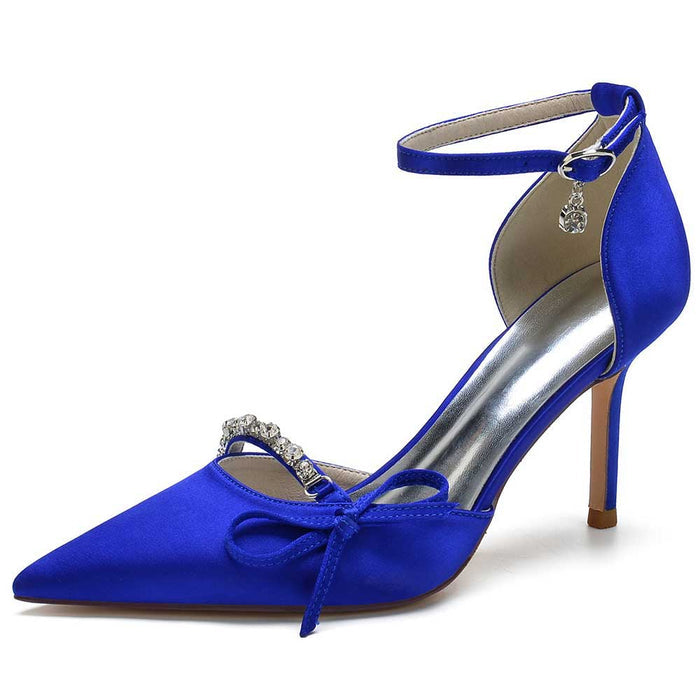 Blue satin prom heels with bow and ankle strap, perfect for formal occasions and dances