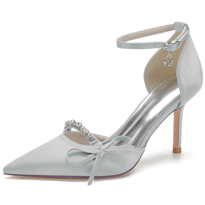 Elegant satin prom heels with bow and rhinestone detailing for special occasions