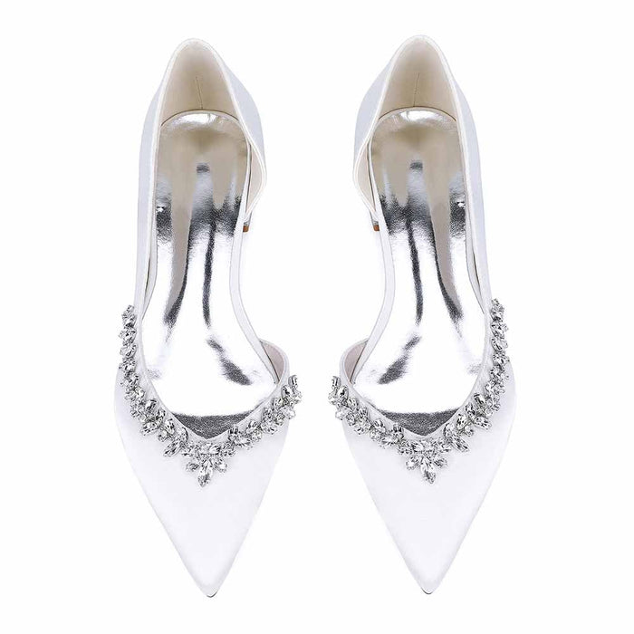 Satin Rhinestones Wedding Shoes for Bride Pointed Toe Slip on Flats
