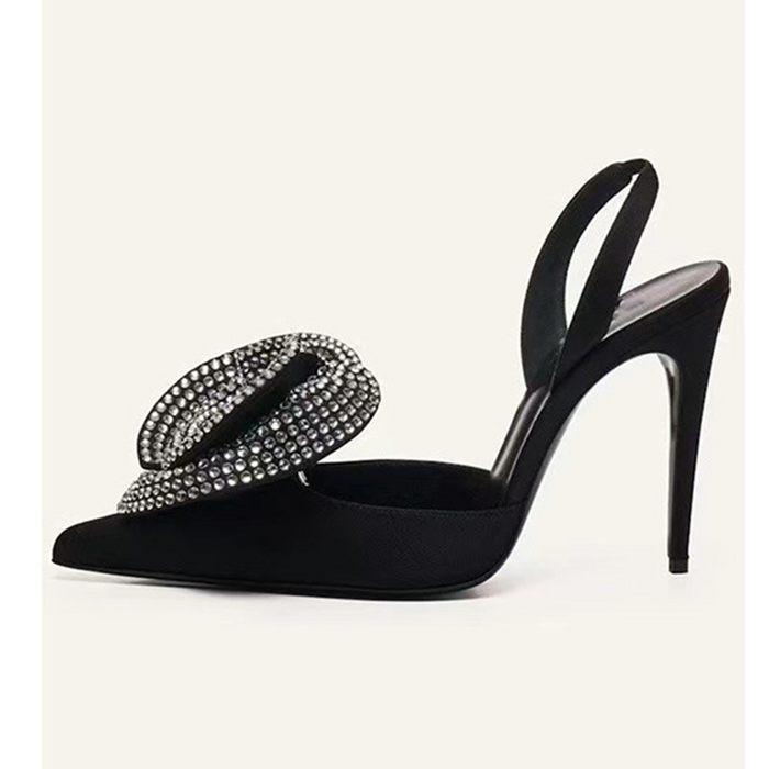 Satin Slingback Heels with Crystal Bow – Elegant Evening Pumps