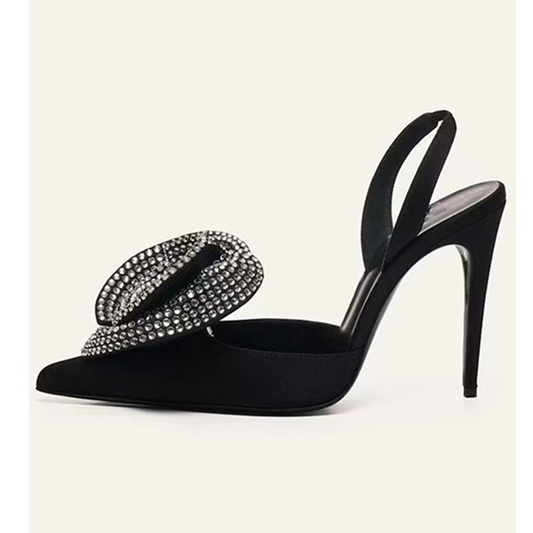 Satin Slingback Heels with Crystal Bow – Elegant Evening Pumps