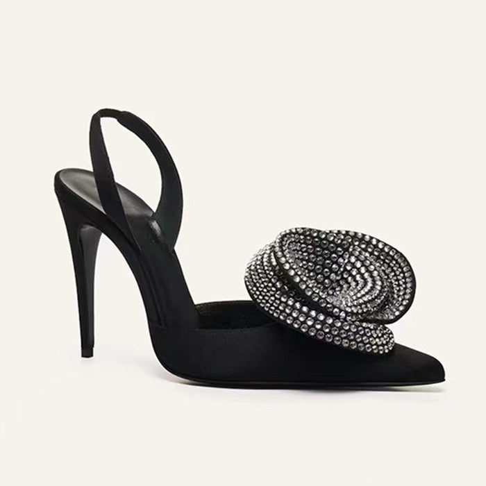 Satin Slingback Heels with Crystal Bow – Elegant Evening Pumps