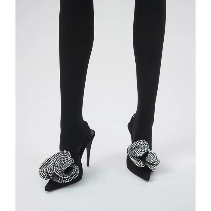 Satin Slingback Heels with Crystal Bow – Elegant Evening Pumps