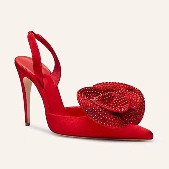 Satin Slingback Heels with Crystal Bow – Elegant Evening Pumps