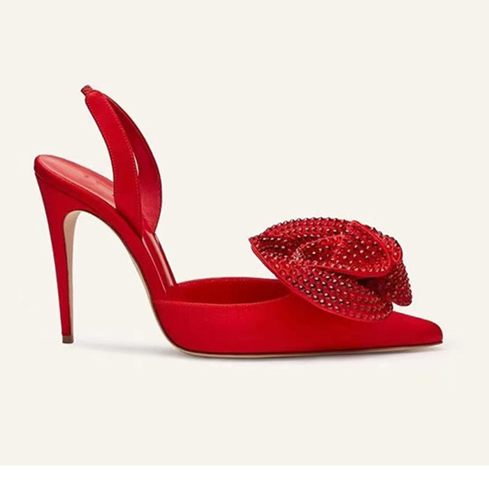Satin Slingback Heels with Crystal Bow – Elegant Evening Pumps