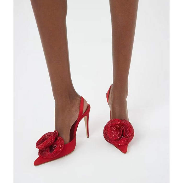 Satin Slingback Heels with Crystal Bow – Elegant Evening Pumps