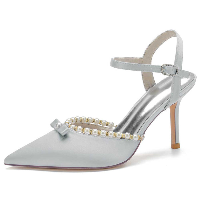 Elegant satin stiletto heels with pearls featuring a delicate bow and ankle strap design