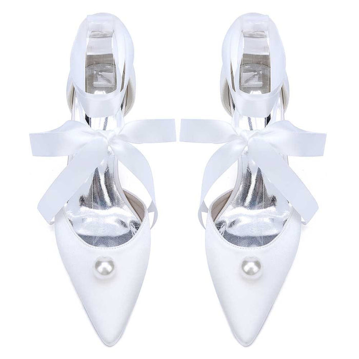 Satin Wedding Shoes Lace Up Hand-Made Bridal Pump Prom Heels