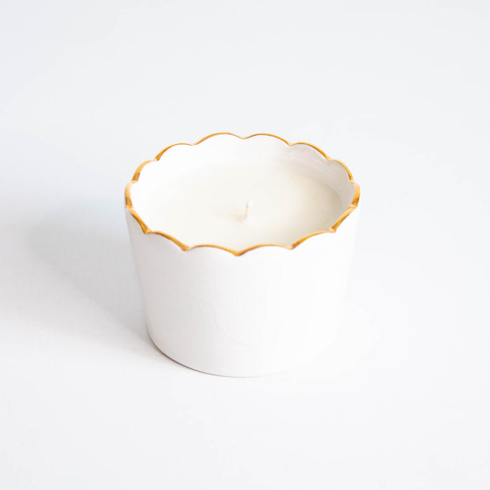 Scallop Soy Candle Cup in Gold-Luster Stoneware — White Scallop Candle Cup; Susan Gordon Pottery