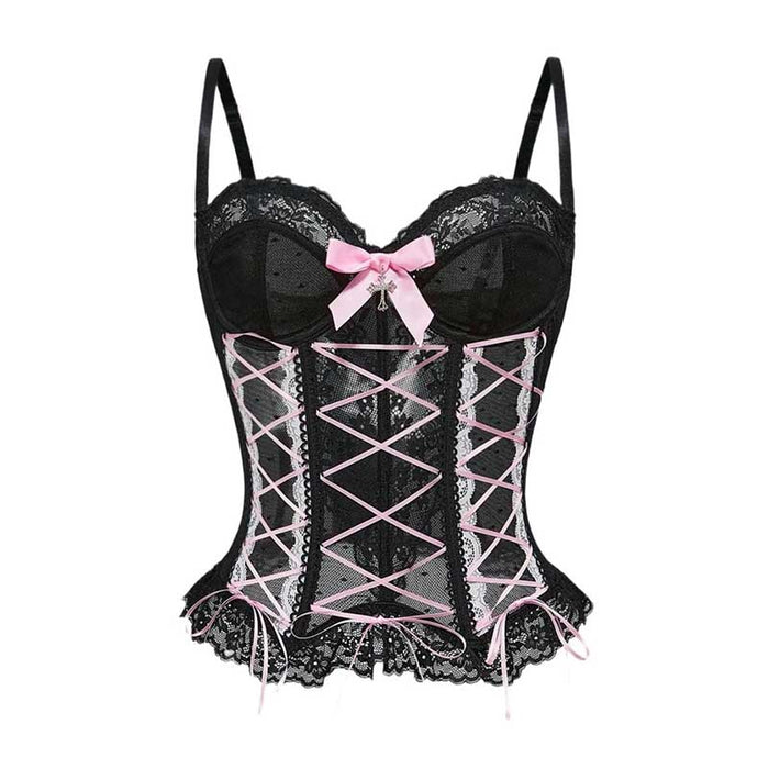 Elegant black cross lace tank top for women with pink accents and adjustable straps for a stylish look