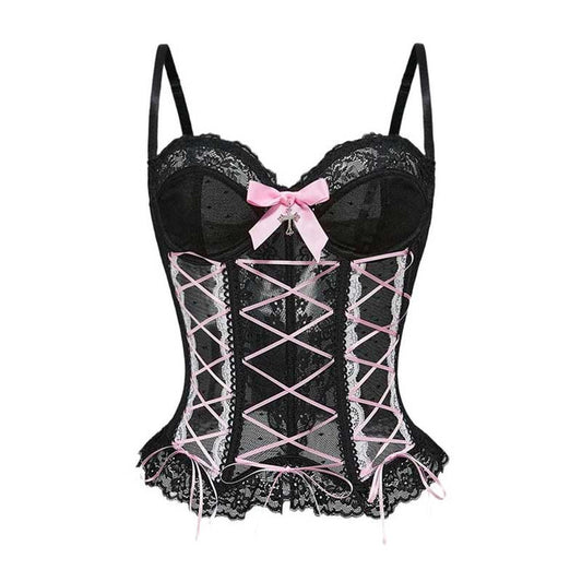 Elegant black cross lace tank top for women with pink accents and adjustable straps for a stylish look