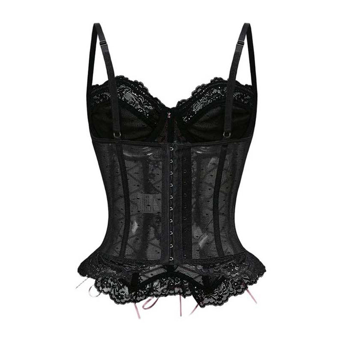 Stylish black cross lace tank top for women with lace trim and button detailing for a chic party look